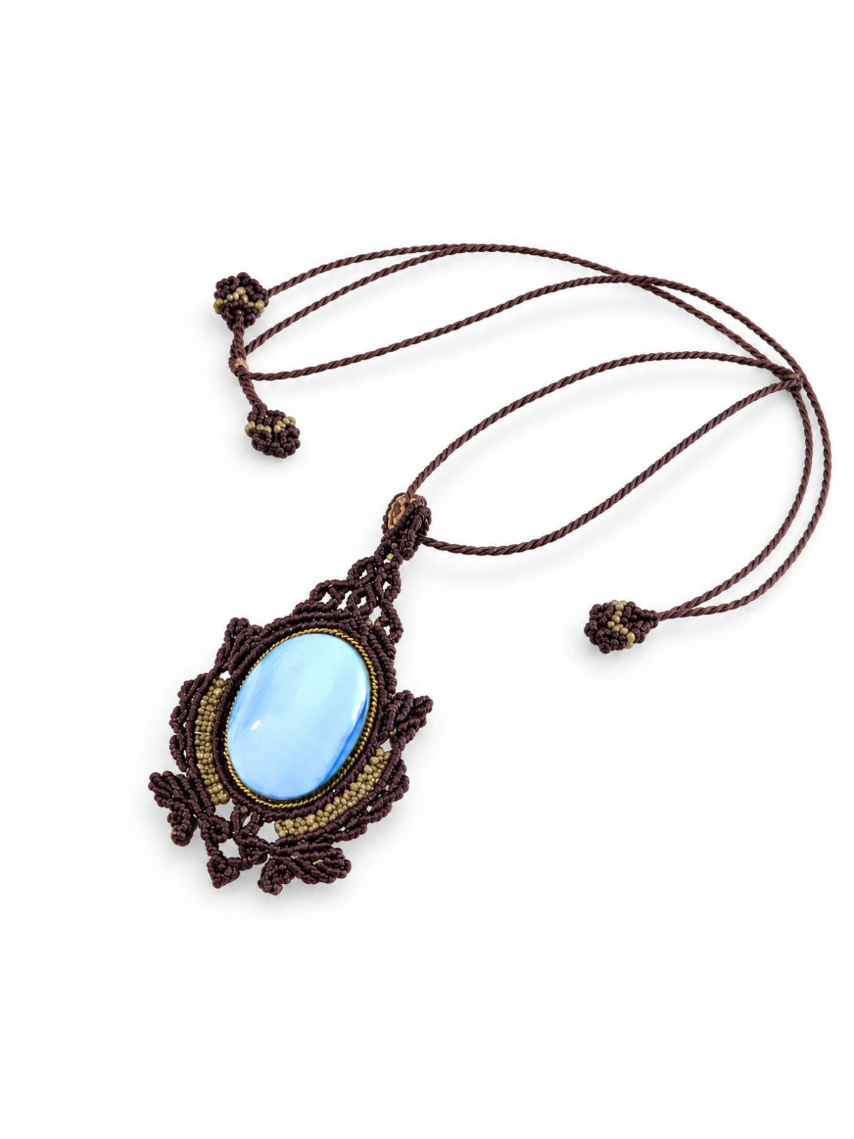 Collar de macramé con ópalo azul y bronce hecho a mano