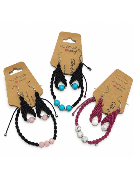 Conjuntos artesanales de pulsera y pendientes de micro-macramé con piedras naturales
