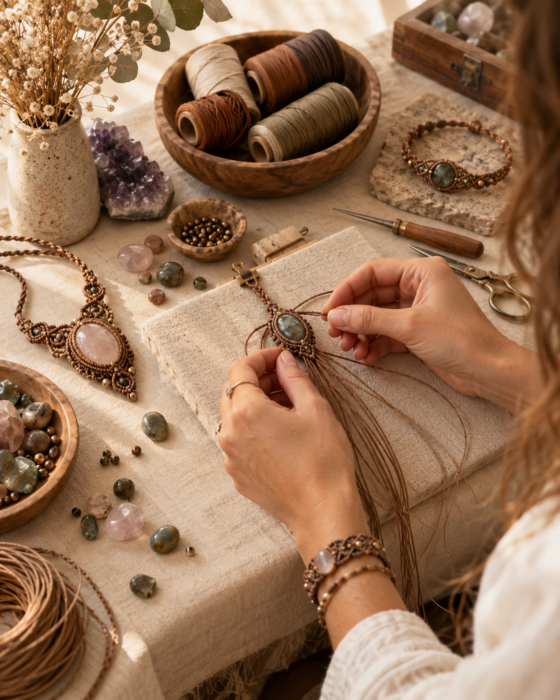 Proceso artesanal de joyería de macramé De Nudo a Nudo